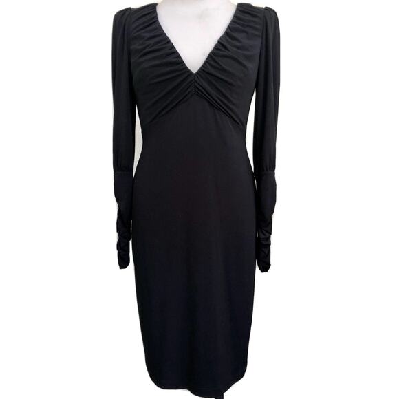 David Meister Ruched Long Sleeve Knit Cocktail Dress Black Size 6 LBD Designer - Picture 7 of 7